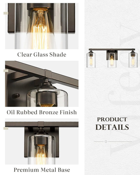 Three Light Vanity Lights With Dope Oil Rubbed Bronze Finish And Clear Glass Shades For Bathroom Vanity Mirror Bedroom Living Room Hallway