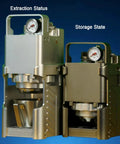 Portable Pneumatic Espresso Maker With 58mm Portafilter And Dual Pressure Gauges in extraction and storage states.