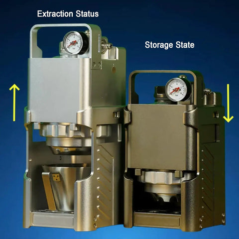 Portable Pneumatic Espresso Maker With 58mm Portafilter And Dual Pressure Gauges in extraction and storage states.