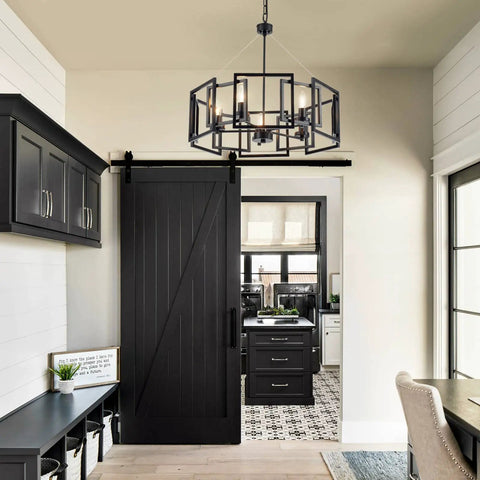 Industrial Style Chandelier With Matte Black Finish Geometric Shade Pendant Lighting Fixture in modern kitchen setting