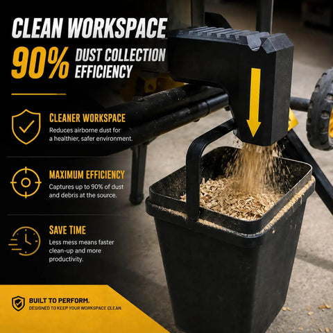 No Sweat Snap On Table Saw Dust Collector Adapter With Dual Hook Bucket Mount Industrial PETG Build captures dust for clean workspace.