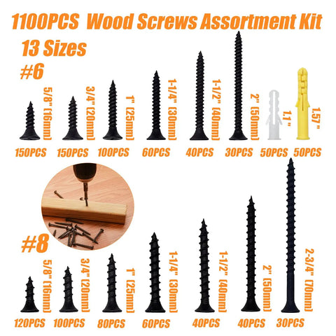 Ultimate Wood Screws Assortment Kit with 13 sizes shown from 5/8 to 2-3/4 inches, includes drywall screws and anchors for DIY projects.