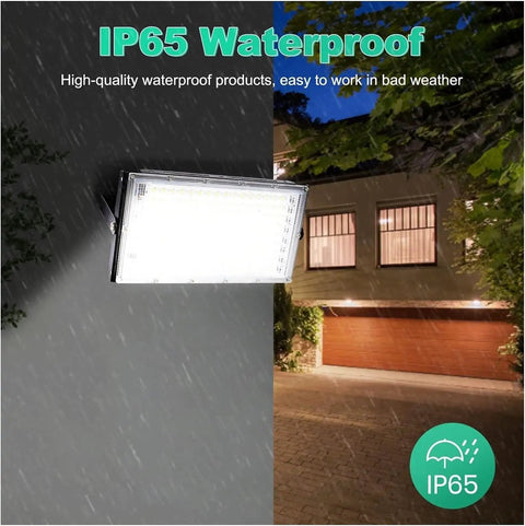 Security Lights Outdoor Flood Light Led Spotlights Outdoor Lighting Le mounted on wall in rainy weather, showcasing IP65 waterproof design.