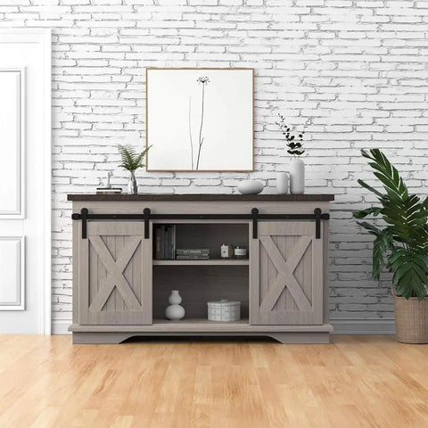 Super Mini Barn Door Hardware Kit For Sliding Double Doors No Fuss Install For TV Stands Wardrobes And Cabinets I Shape Hanger 100 Lb Capacity Fits Twenty Four Inch Wide Panels And Four Fifths Inch To One And One Eighth Inch Door Thickness installed on a wooden cabinet with brick wall backdrop