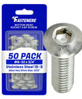 Top Shelf Premium Button Head Socket Cap Screws 8-32 X 3/4 Inch 50 Pack 18-8 Stainless Steel in packaging with one screw highlighted.