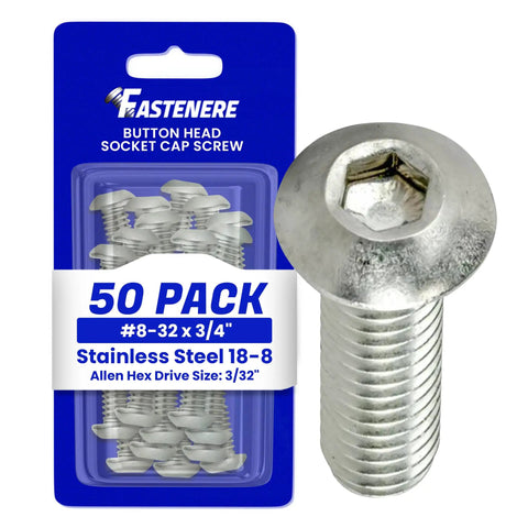 Top Shelf Premium Button Head Socket Cap Screws 8-32 X 3/4 Inch 50 Pack 18-8 Stainless Steel in packaging with one screw highlighted.