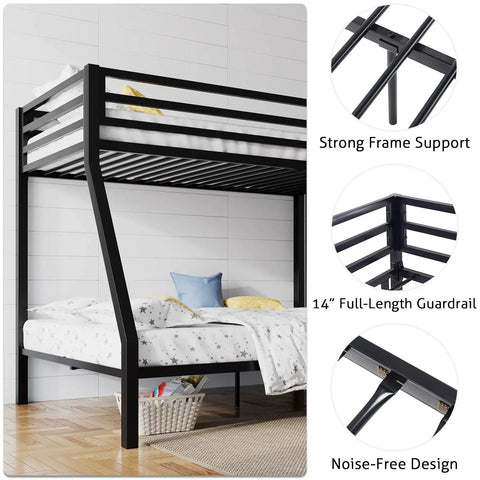Rock Solid Twin Over Full Bunk Bed With Heavy Duty Steel Frame, Adjustable Ladder, Secure Guardrails, Space Maximizing Bedroom Furniture, Chill Sleep Setup, Sleek Black Finish, strong frame support and full-length guardrail.