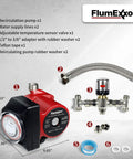 Instant Hot Water Recirculating Pump Kit For Tank Heaters Featuring Integrated Timer and Thermal Bypass Valve includes pump, hoses, valve, and washers.