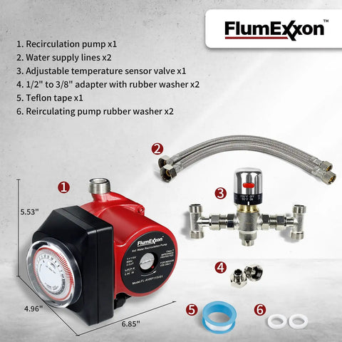 Instant Hot Water Recirculating Pump Kit For Tank Heaters Featuring Integrated Timer and Thermal Bypass Valve includes pump, hoses, valve, and washers.