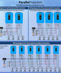 Wiring diagram for 6500W Off Grid Solar Power Kit With 6x370W Mono Panels, 100Ah 51.2V LiFePO4 Battery, three-phase and split-phase connections.