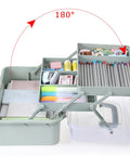 Open clear 3 layer plastic dividing storage box with adjustable spacers, portable handle, craft organizer in haze green.