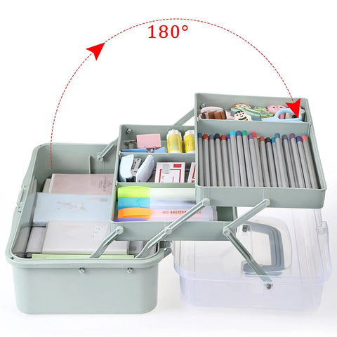 Open clear 3 layer plastic dividing storage box with adjustable spacers, portable handle, craft organizer in haze green.