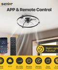 20 Inch Flush Mount Ceiling Fan With App Control And Led Lighting In Sleek Black featuring remote control and night light function.