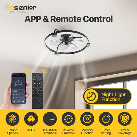 20 Inch Flush Mount Ceiling Fan With App Control And Led Lighting In Sleek Black featuring remote control and night light function.