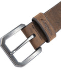 Close-up of Men's Real Full Grain Saddle Leather Belt Dark Brown Size 40 Heavy Duty Waist Strap with metal buckle.