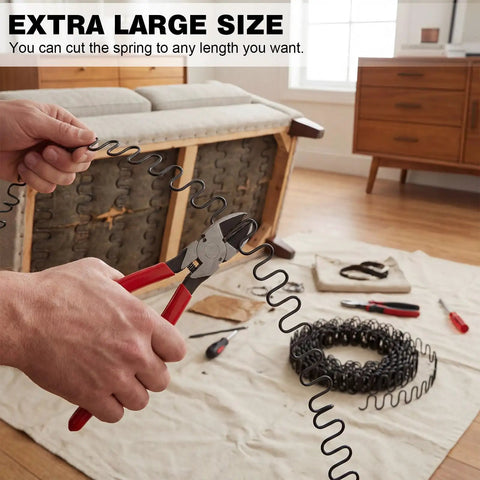 Person cutting Nine Gauge Zig Zag Upholstery Springs One Roll Forty Nine Foot High Carbon Steel Sinuous Support for sofa repair.