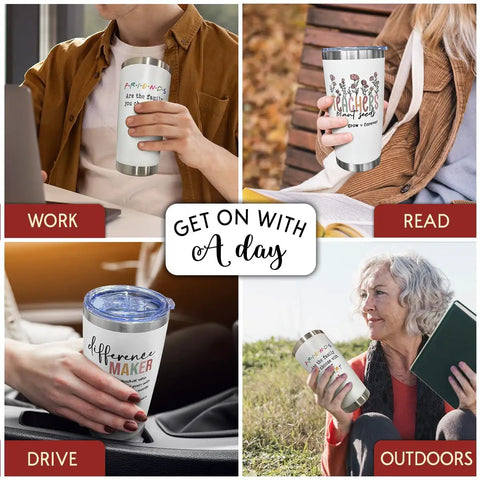 20 Oz Stainless Steel Tumbler Vacuum Insulated Daily Driver Cup For Women Leaders Boss Lady Coworker Teacher Office Anniversary Birthday Christmas Thank You Motivational Quote in various settings including work, reading, driving, and outdoors.
