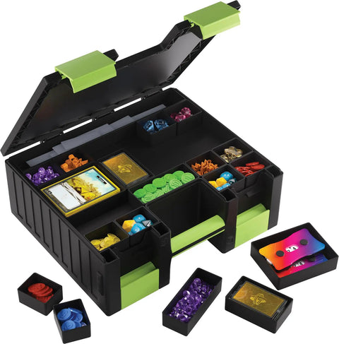 All-In-One Double-Sided Card Case For Cards And Gaming Accessories With 19 Removable Trays In 5 Sizes Holds 6 Commander Decks Or Up To 80 Cards Game Night Ready For Tokens Dice And Tools Black And Green