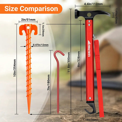 Size comparison of Hold It Down Easy 15 Pack Plastic Spiral Tent Stakes 10 Inch Heavy Duty Screw In Sand Anchors.