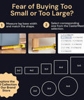 Size guide for selecting furniture pads showing measurement examples and available sizes 2x2 to 5x5 inches