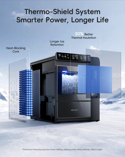 Smart Nugget Ice Maker For Countertop With Smartphone App Control And A Spacious 1.14 Gallon Side Tank serving ice with Thermo-Shield insulation.