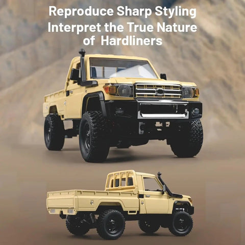 1:12 Scale MN82 LC79 Land Cruiser RC Crawler with Lights, 4WD Rock Truck, front and side view displaying rugged design