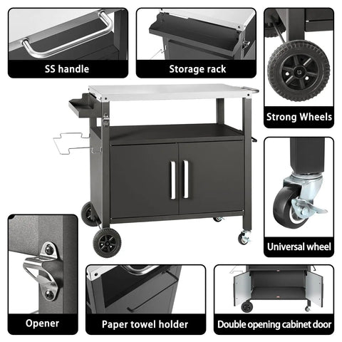 Grill Cart With Big Storage Cabinet And Stainless Steel Surface Movable Outdoor Dining Station with wheels and cabinets