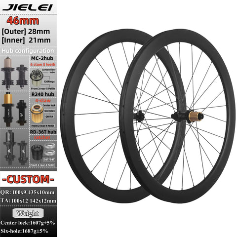 46mm Carbon Clincher Disc Brake Wheelset For Road Bikes, 24H Front And 24H Rear, Tubeless Ready, Center Lock TA, RD36T 240