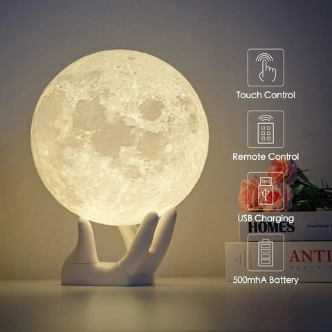 Upgraded 7 Inch Moon Lamp 3D Printed Moon Light With 16 Color Options Remote And Touch Control Realistic Crater Details Cozy Lit Night Light Gift For Women Teens Men White Hand Stand Included on hand stand with remote features displayed