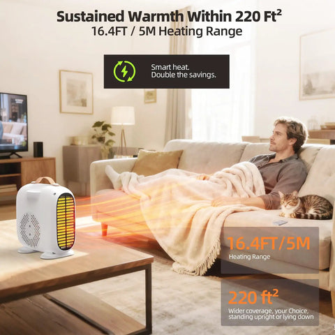 Portable Indoor Space Heater With Remote And LED Display in living room, warming man and cat, 16.4FT heating range, 220 ft² coverage