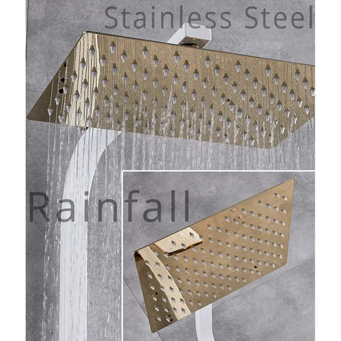UMJIGF Luxury Shower System with Hot and Cold Water Shower Combo Set Multifunction 4 Handle Shower Faucet Set with Shower Head, Handheld Shower, Tub Spout, Bidet Sprayer Head, M,White and Gold in stainless steel with rainfall feature.