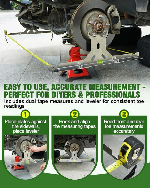 Wheel Toe Alignment Tool Kit For Home Garage DIY Use With Stainless Steel Toe Plates And Dual Tape Measures Quick Front End Toe Check For Cars Trucks SUVs Patent Design illustration showing use on a vehicle.