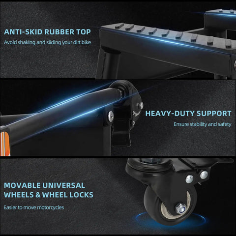 Close-up of Movable Dirt Bike Stand With Wheels Motorcycle Lift Panel showing anti-skid rubber top and heavy-duty steel frame.