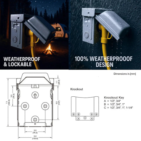 Heavy Duty NEMA L5 30R Power Outlet Box With 15 Amp Switch Weatherproof Lockable Outdoor Electrical Panel dimensions and design