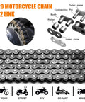Heavy Duty 420 Motorcycle Chain With 132 Links Plus Chain Breaker And 0.4 Inch Axle Adjuster For 110cc 125cc Dirt Bike ATV Quad Go Kart Mini Bike Scooter, showing chain close-up and accessory parts.