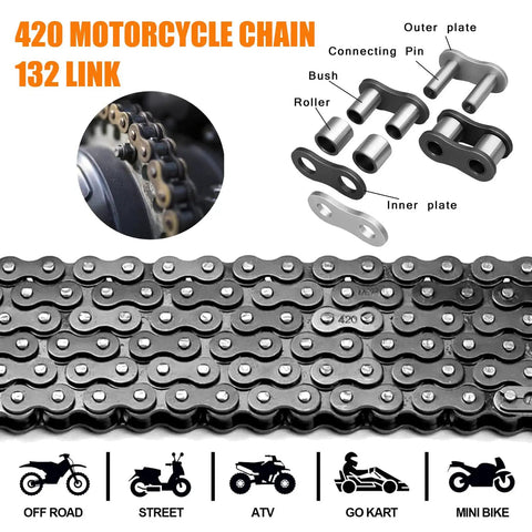 Heavy Duty 420 Motorcycle Chain With 132 Links Plus Chain Breaker And 0.4 Inch Axle Adjuster For 110cc 125cc Dirt Bike ATV Quad Go Kart Mini Bike Scooter, showing chain close-up and accessory parts.