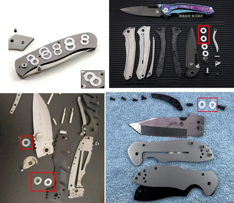 20 Pack Folding Knife Pivot Pin Flat Teflon Washers Bearing Set For Low Friction And Corrosion Resistant Performance, Provides Smooth Bearing Surface, Load Distribution, And Spacer Between Knife Components. PTFE washers, 0.6mm, 10x6.2mm, shown with folding knives.