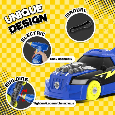 Image of 26 Piece Take Apart Racing Car Set With Electric Drill Lights And Sounds Hands On STEM Building Toys For Kids showing components.