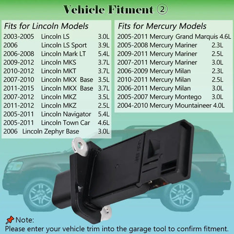 Plug And Play Mass Air Flow Sensor MAF For Ford 2004 2010 F Series F 150 F 250 Super Duty E Series Escape Expedition Explorer Mustang Lincoln Mercury Replaces OE 3L3Z12B579BA 3L3A12B579BA, with list of compatible Lincoln and Mercury models.