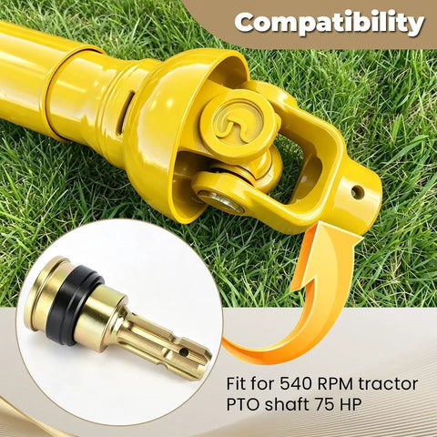Heavy Duty Pto Shaft Extender Adapter For Tractors Smooth Hookup Quick Connect One Three Eighth Inch Six Spline Male To Female Coupler, yellow compatibility image on grass.