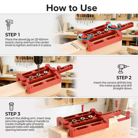 Self Centering Doweling Jig Kit For Woodworking Joinery With 6mm 8mm 10mm Dowel Holes, Steel Bushings setup guide.