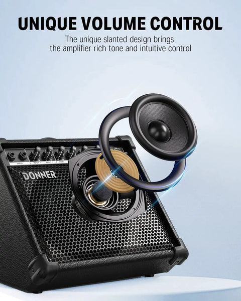20 Watt Keyboard Amplifier with Dual 8 Inch Woofer and 2 Inch Tweeter showcasing unique volume control feature.