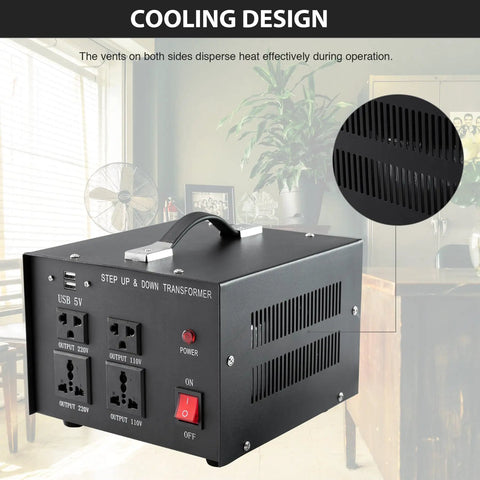 Step Up And Down Transformer 2000W for home electronics with USB 5V ports and universal sockets in a living room setting