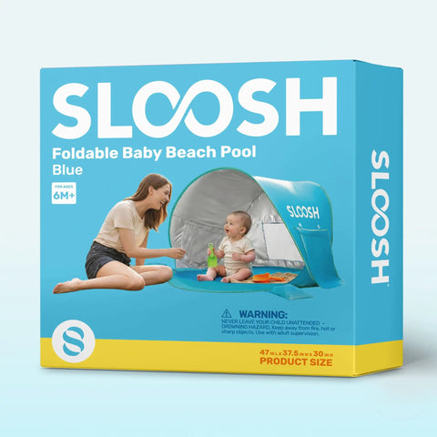 Packaging of Baby Beach Tent Pop Up Shade Pool With UPF 50 UV Protection Sun Shelter For Infants, featuring mother and baby illustration.