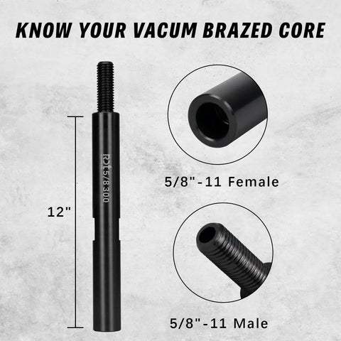 Top Shelf 12 Inch Core Drill Bit Extension Shaft With 5/8 To 11 Thread Adapter shown with female and male thread ends.