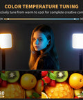 Girl illuminated by magnetic LED video light for content creators, showcasing 2500K to 9000K stepless brightness in photography.