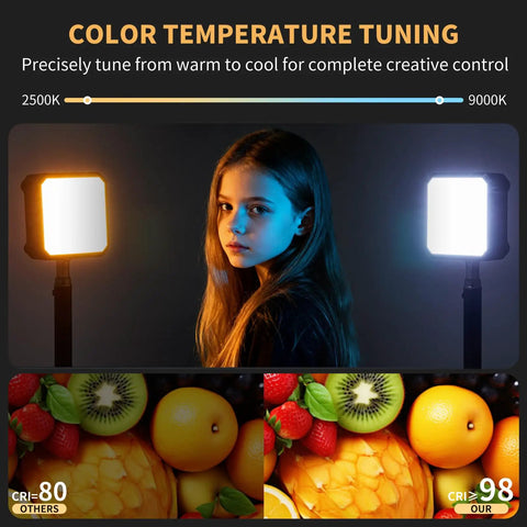 Girl illuminated by magnetic LED video light for content creators, showcasing 2500K to 9000K stepless brightness in photography.