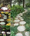 Installed DIY Reusable Concrete Paving Mold 13.6 Inch Circular Stepping Stone Form in garden path with flowers and trees.