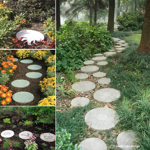 Installed DIY Reusable Concrete Paving Mold 13.6 Inch Circular Stepping Stone Form in garden path with flowers and trees.