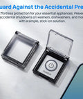 Clear Button Cover Shield For Home Appliances, Self Adhesive Push Button Guard That Keeps Your Washing Machine And Dishwashers From Accidental Taps, Emergency Stop Lockout, Size 1.57 X 1.37 X 0.39 In with open cover displaying power button.